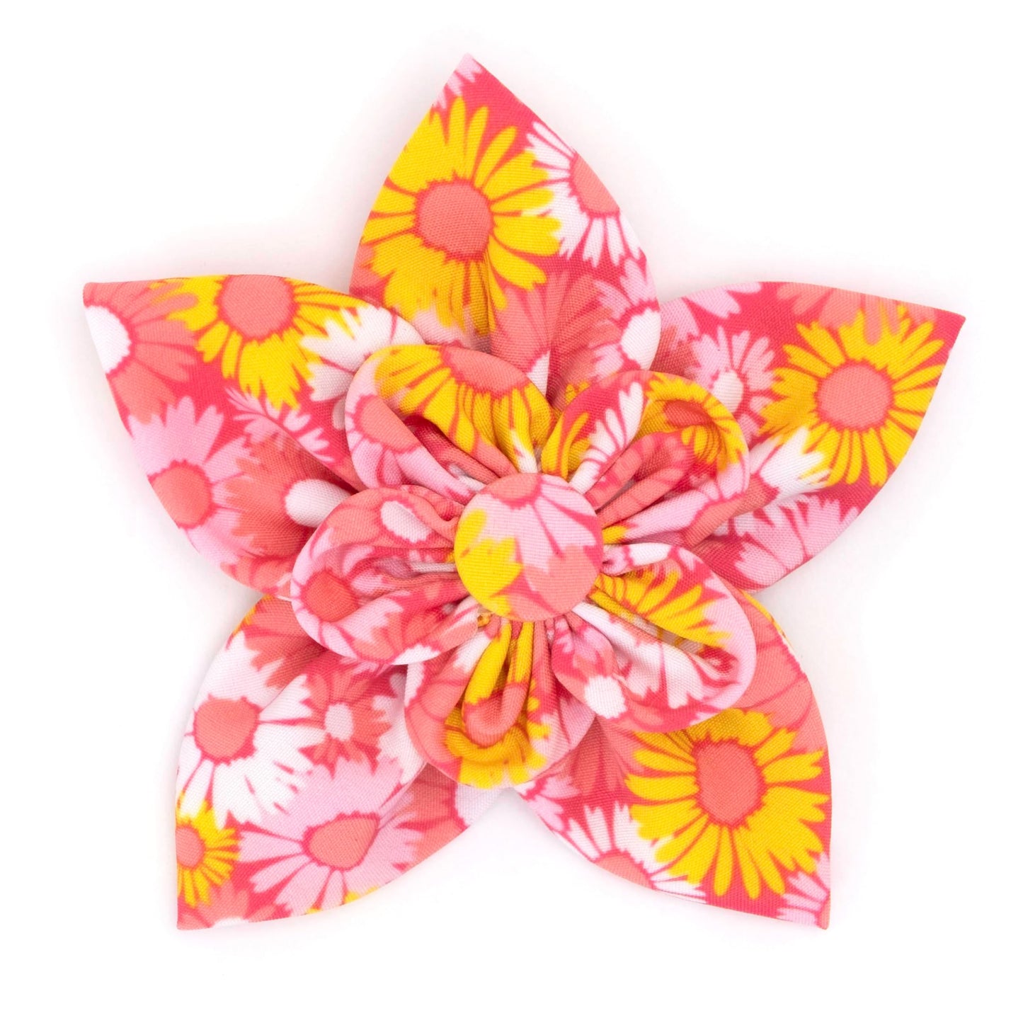 Flower Collar Attachment for Dogs & Cats – Soft Printed Polyester, Touch Fastener, Attaches to Any Collar - Sunflowers Pattern, Blue, Large