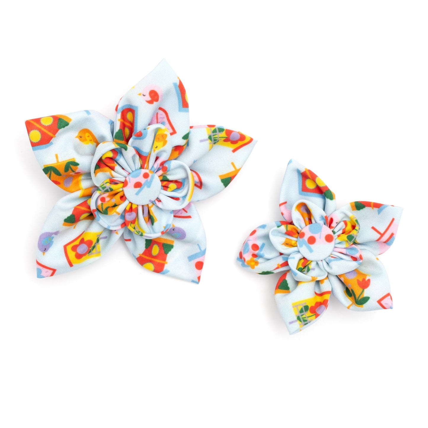 Flower Collar Attachment for Dogs & Cats – Soft Printed Polyester, Touch Fastener, Attaches to Any Collar - Sunflowers Pattern, Blue, Large
